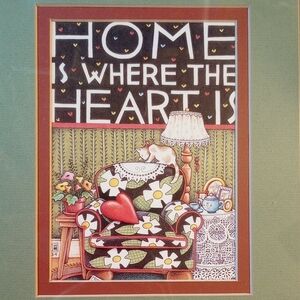 Mary Engelbreit Framed & Matted Cat Art w/ Stamp.  Home Is Where the Heart Is